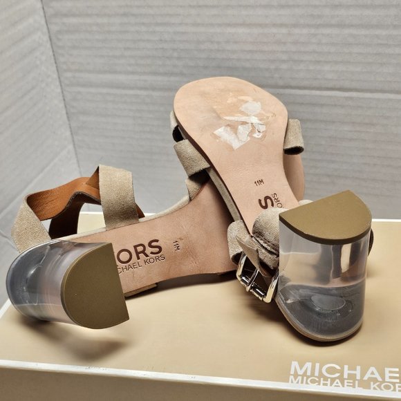 New Womens Michael Kors Suede Light Camel Clear Chunky Heel Leather Soles 11 - Picture 11 of 15